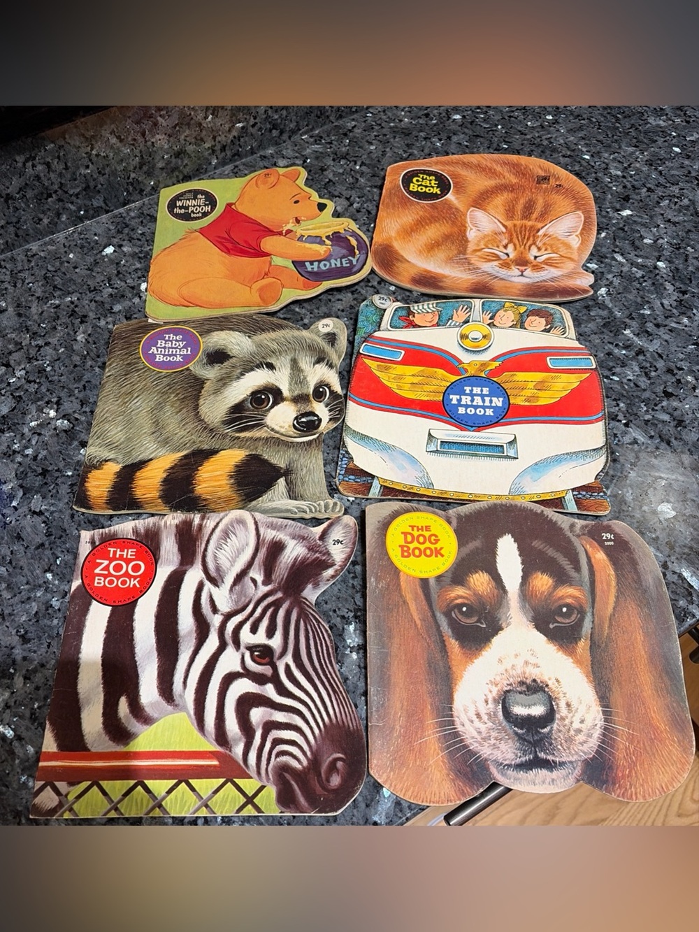 Lot of 6 Vintage Little Golden Shape Books Dog Cat Train Pooh Zebra